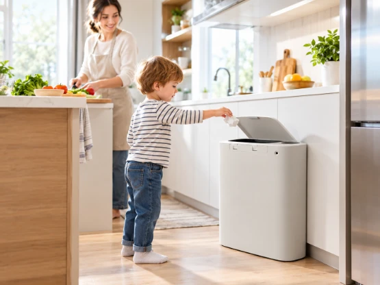 A child using a smart sensor trash can A child using a smart sensor trash can